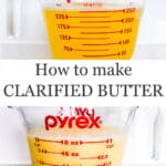 Pyrex measuring cups filled with liquid clarified butter (golden) and solid clarified butter (opaque).