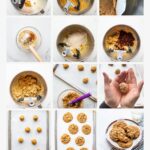 Steps to make crispy oatmeal raisin cookies from scratch, from mixing the dough to scooping and baking it.