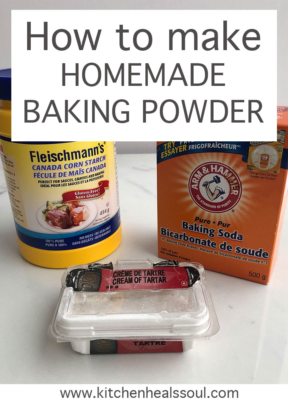 How to make homemade baking powder from containers of cornstarch, baking soda, and cream of tartar