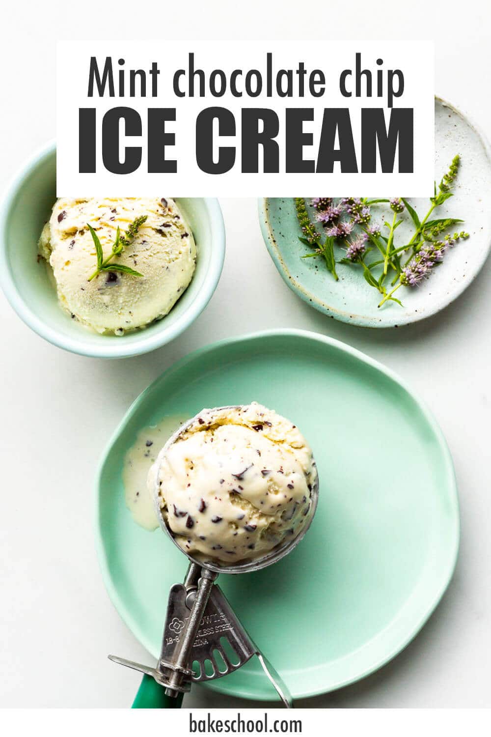 Mint chocolate chip ice cream scooped with a disher with a green handle.