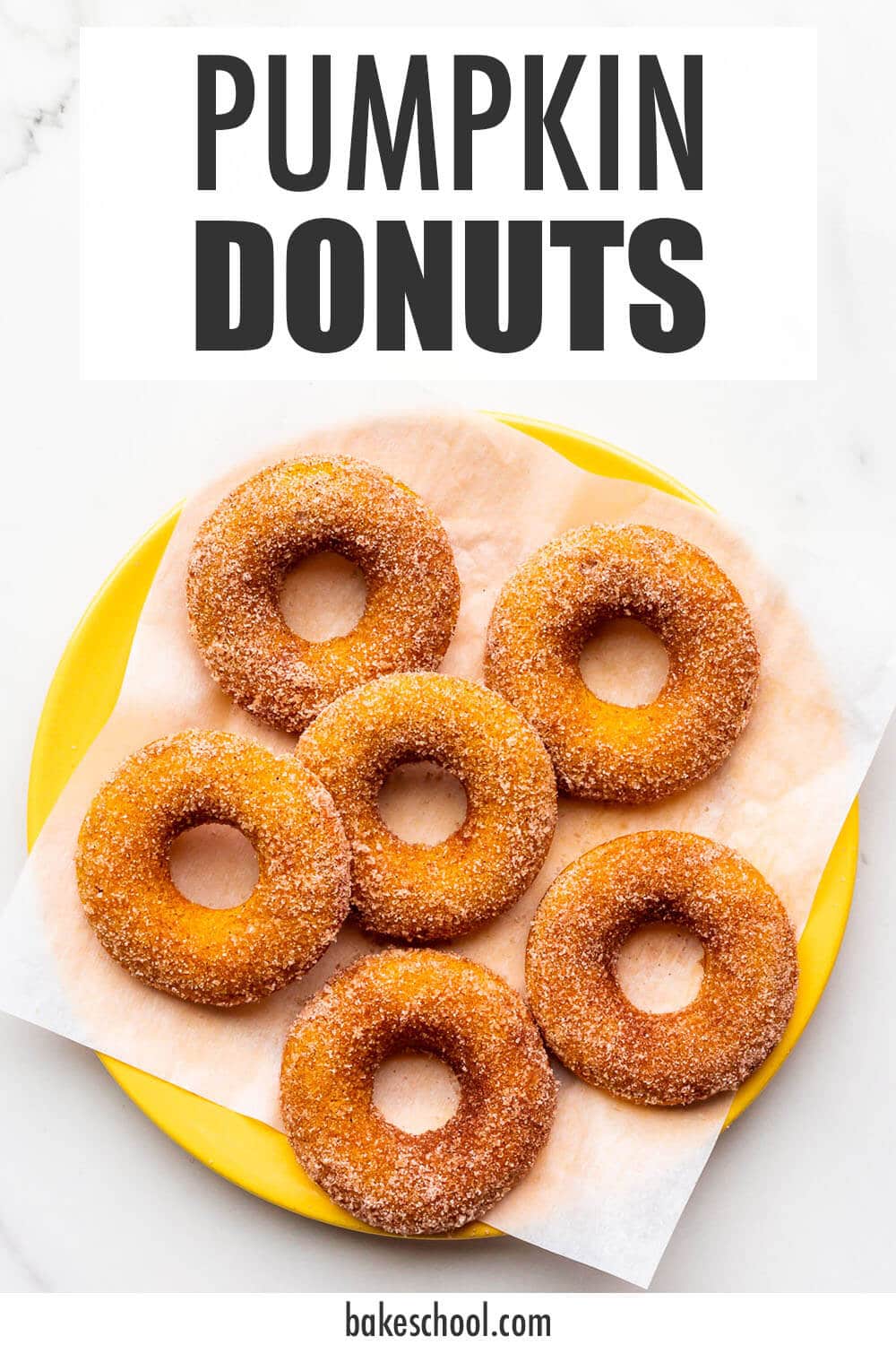 A yellow plate of baked pumpkin donuts coated in cinnamon sugar.
