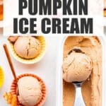 Scooping pumpkin ice cream into small bowls and serving with leaf-shaped pie crust cookies.