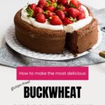 Slicing and serving a chocolate cake topped with whipped cream and whole strawberries.