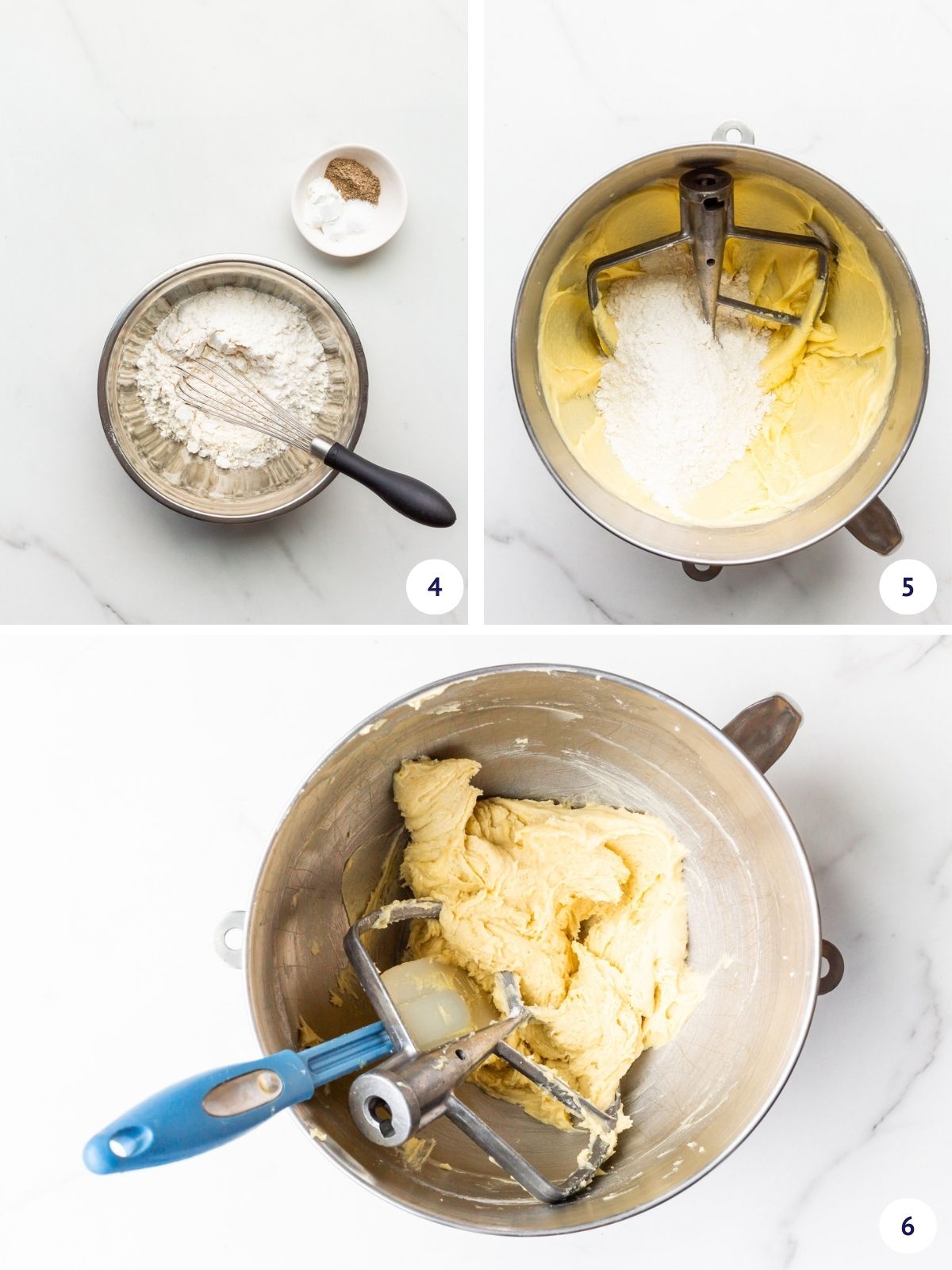 Collage to show whisking dry ingredients together before incorporating them in a cake batter.