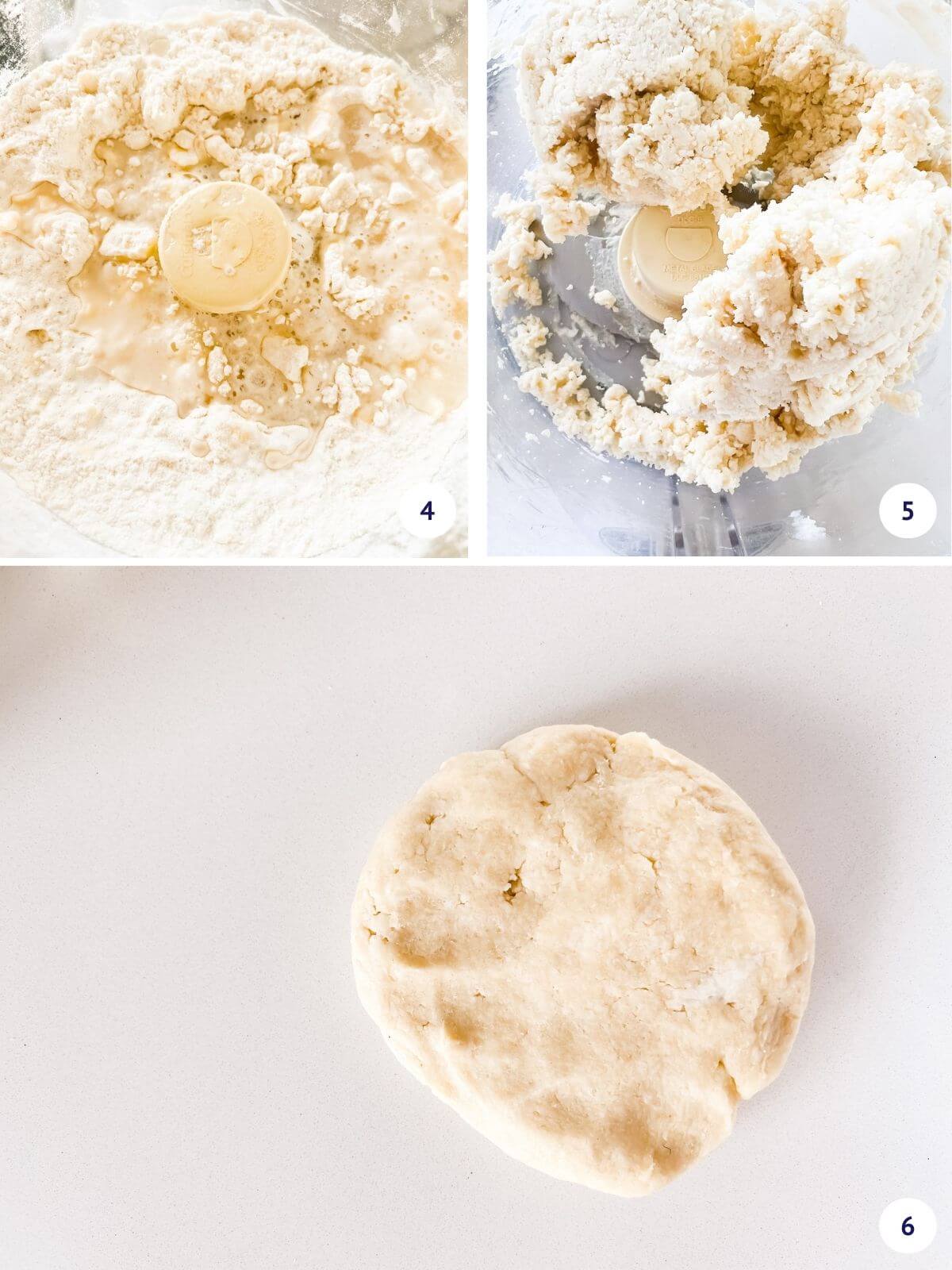 Collage to show steps of adding water to pie crust ingredients in food processor to form a dough, which is then shaped into a disk.
