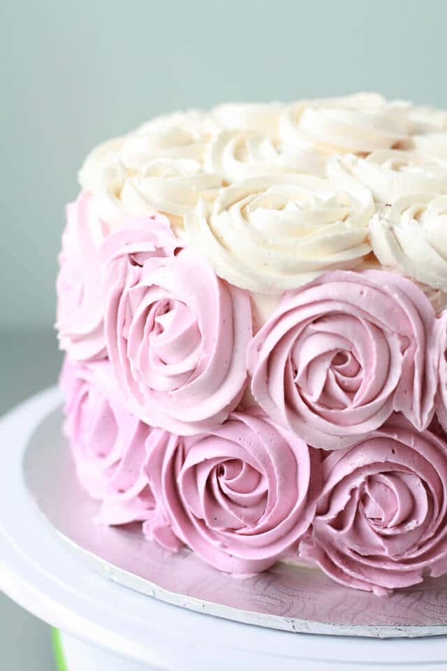 Italian meringue buttercream coloured pink and piped with 1M Wilton tip to make a rose cake