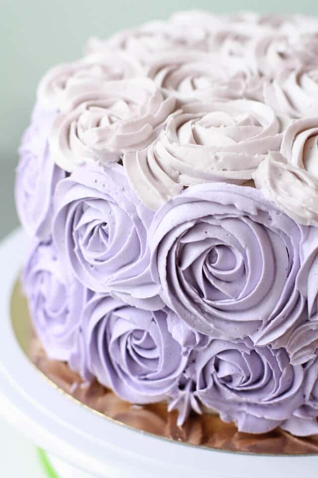 Italian meringue buttercream rose cake with lilac roses