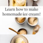 Collage of ice cream pictures with ice cream scooper and pan of ice cream in top image, 3 small bowls of ice cream with wooden spoons in middle image, and a speckled plate with a scoop of ice cream and cone, plus black spoon on bottom image
