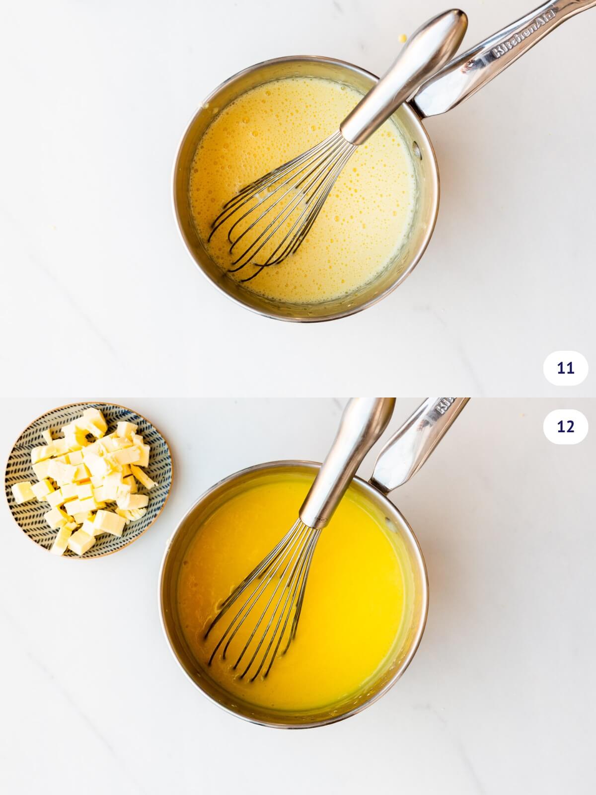 Lemon filling before and after cooking on the stove in a saucepan.