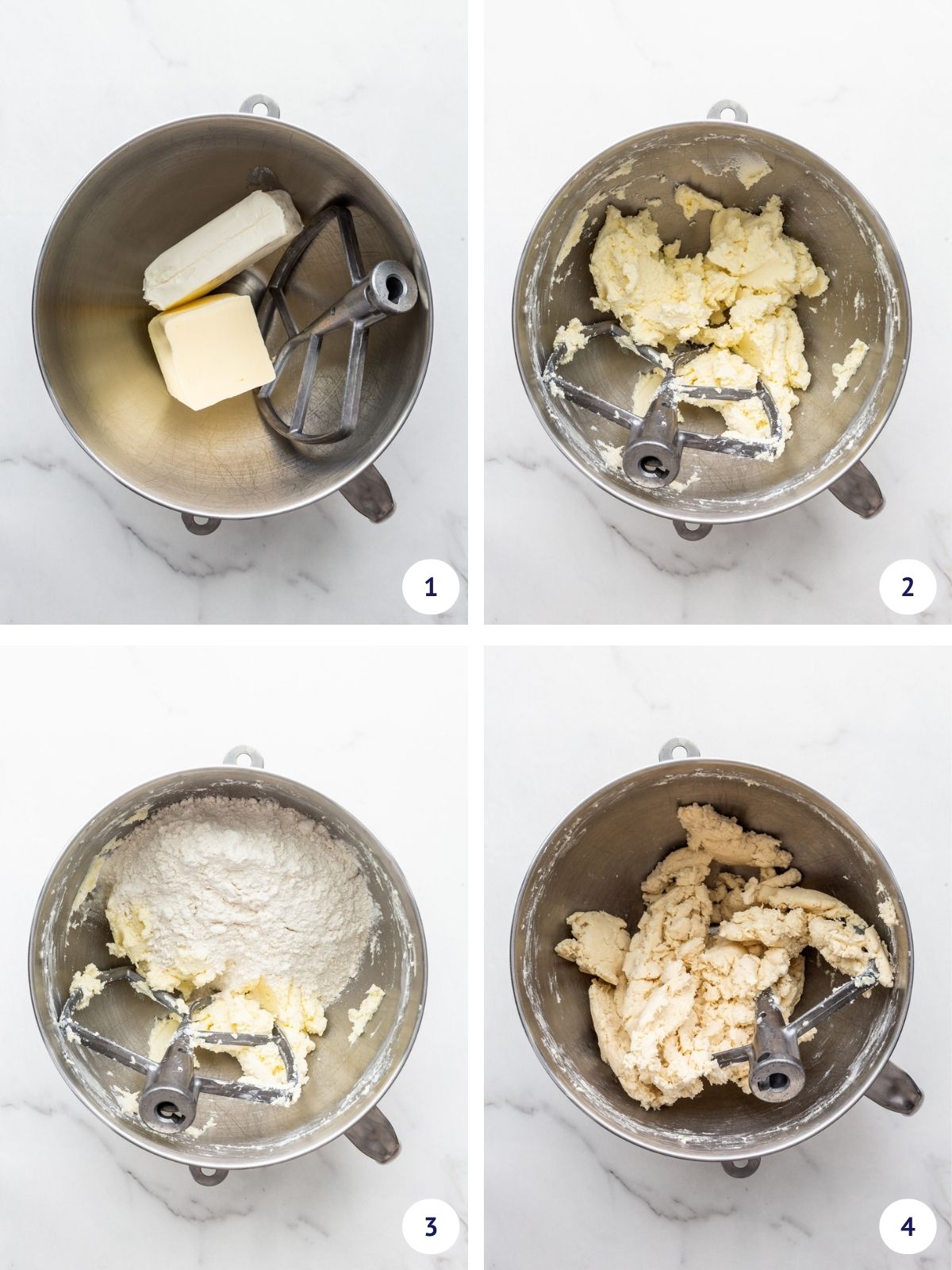 Making a cream cheese dough for rugelach in a stand mixer bowl.