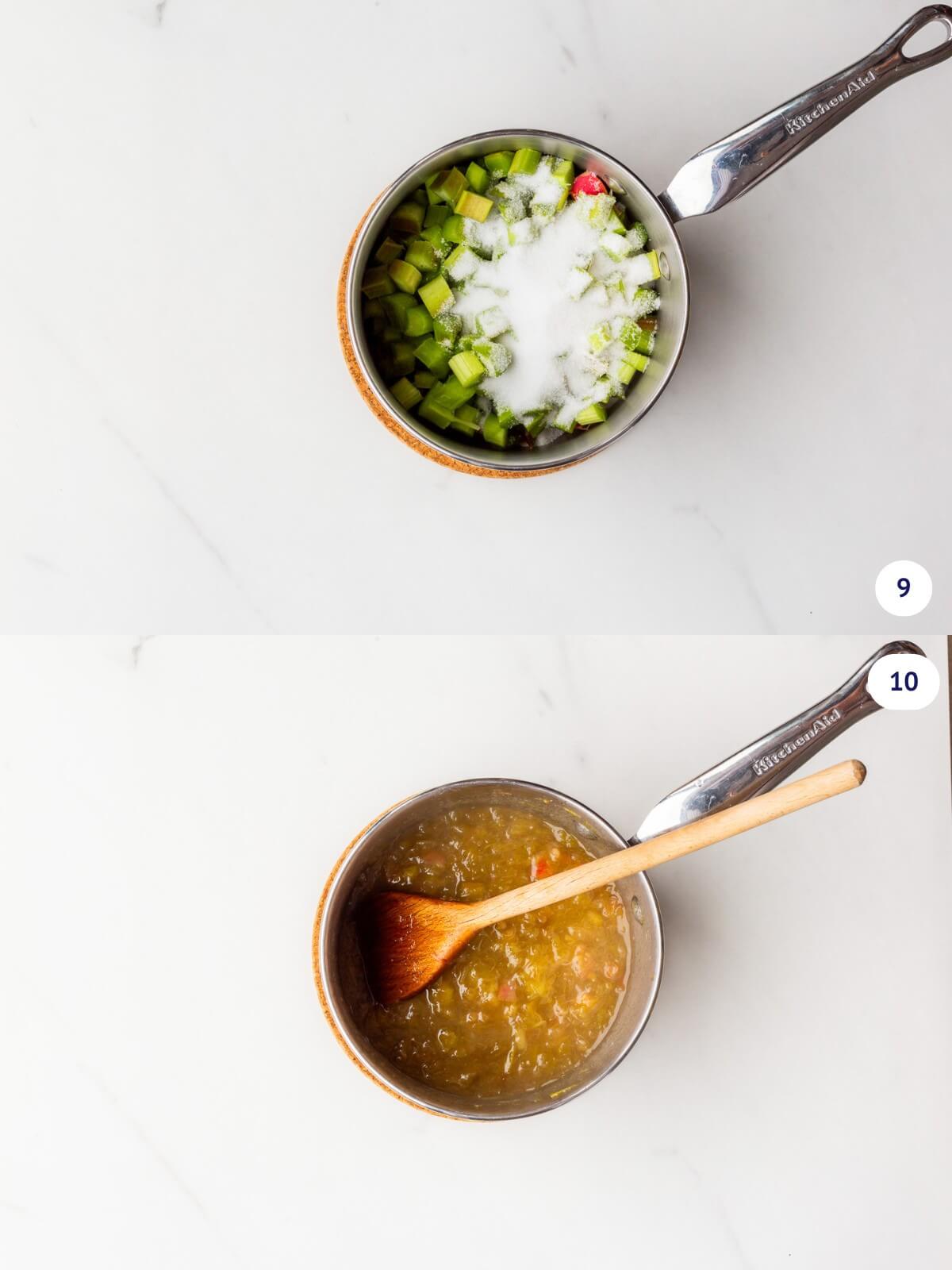 Cooking rhubarb with sugar to make a thick compote as a filling for a chocolate tart.