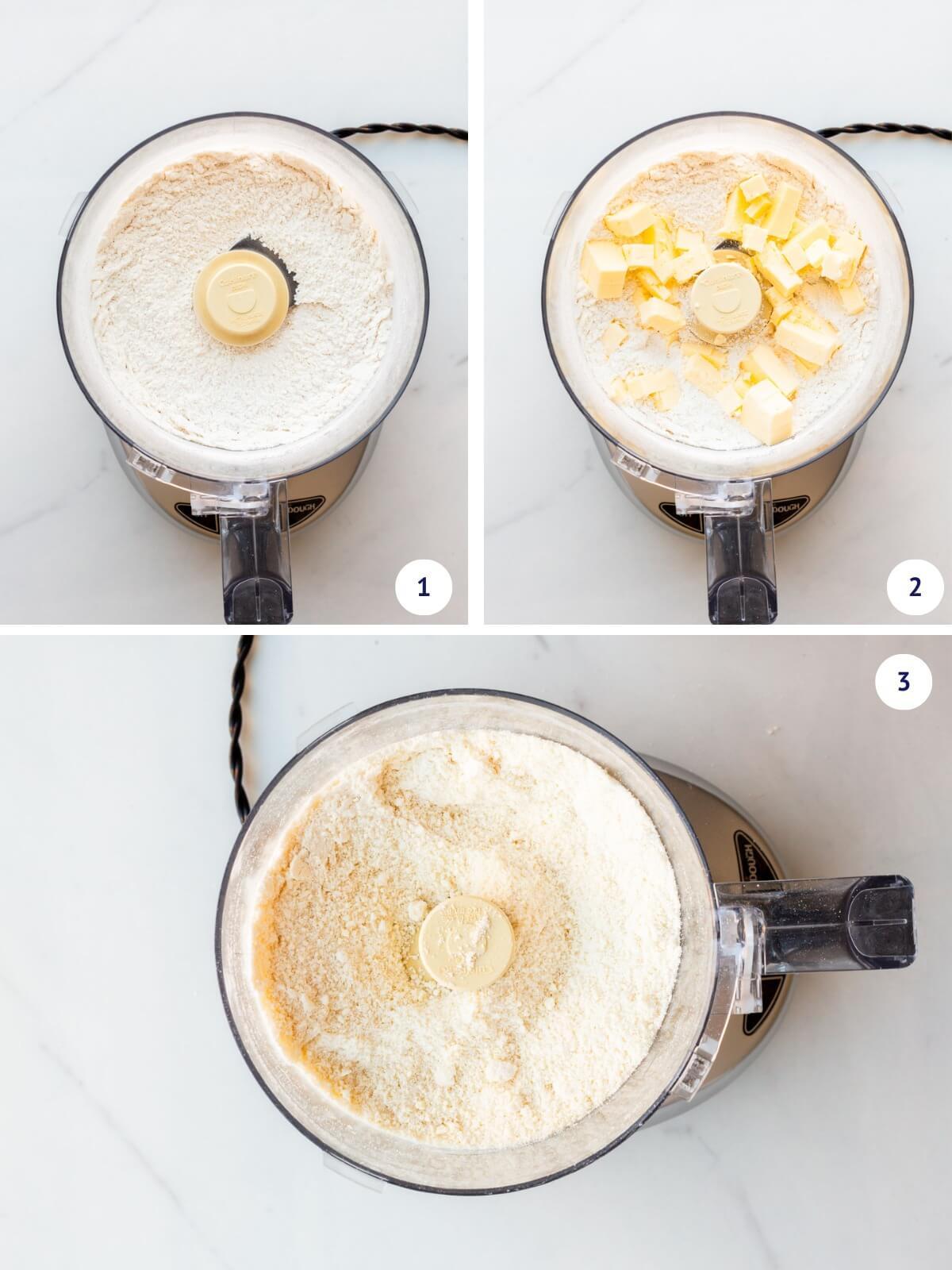 Combining butter, sugar and flour in a food processor until crumbly and fine textured.