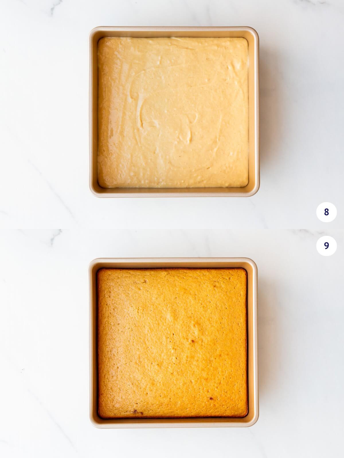 Maple cake before and after baking in a square cake pan.