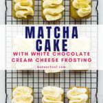 Matcha loaf cakes with white chocolate cream cheese frosting on a wire rack.