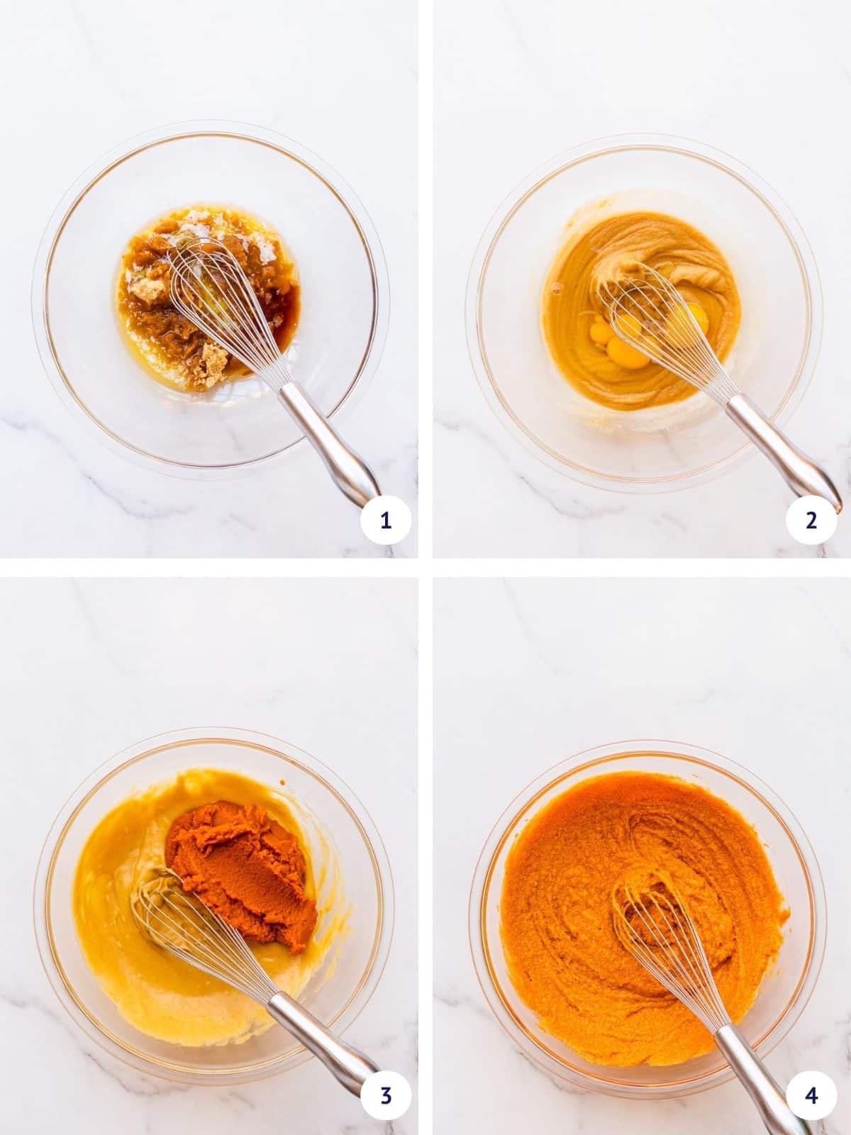 Combining wet ingredients in a bowl with a whisk to make a whole wheat pumpkin bread.