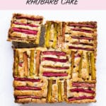 Rhubarb cake with rhubarb arrangement in woven pattern