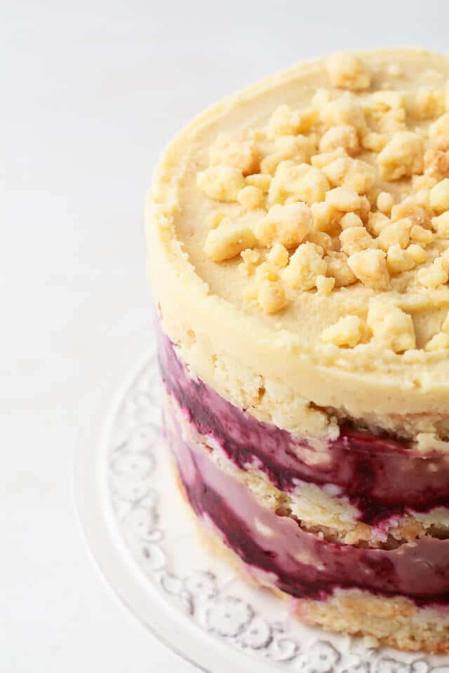 Momofuku Milk Bar style cake-blackberry almond cake with milk crumbs
