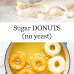 Cutting and frying old fashioned sugar donuts using a vintage donut cutter to cut them out and a Le Creuset Sauté pan to fry them in oil on the stove