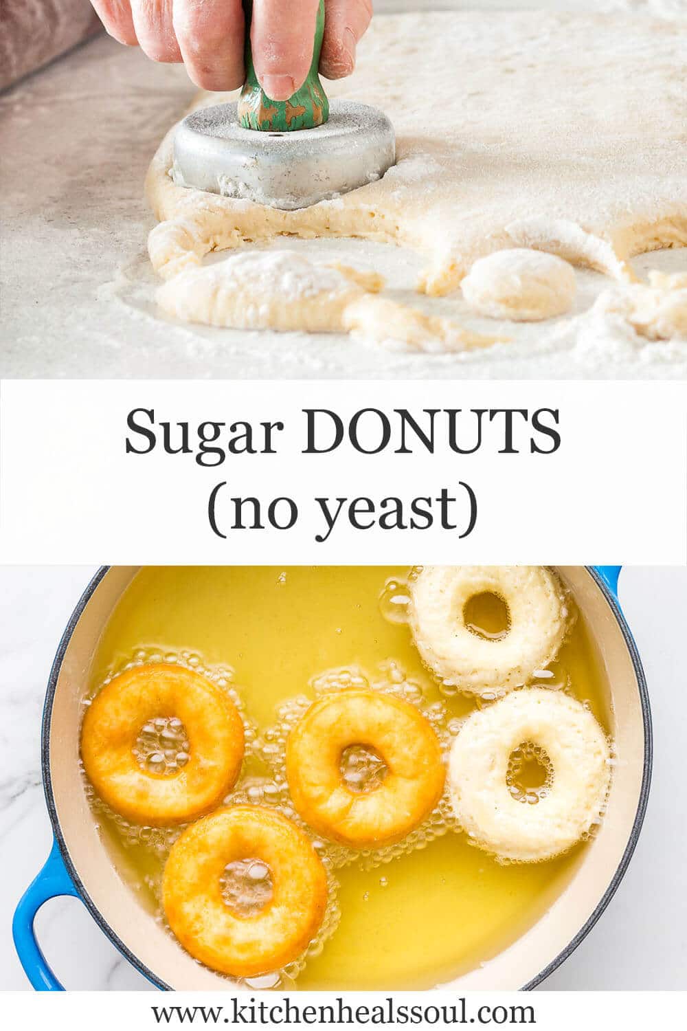 Cutting and frying old fashioned sugar donuts using a vintage donut cutter to cut them out and a Le Creuset Sauté pan to fry them in oil on the stove