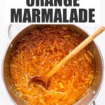 A pot of homemade orange marmalade ready to be canned in jars.