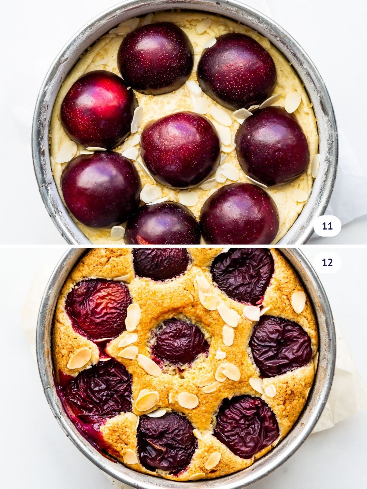 Cake with plums before and after baking.
