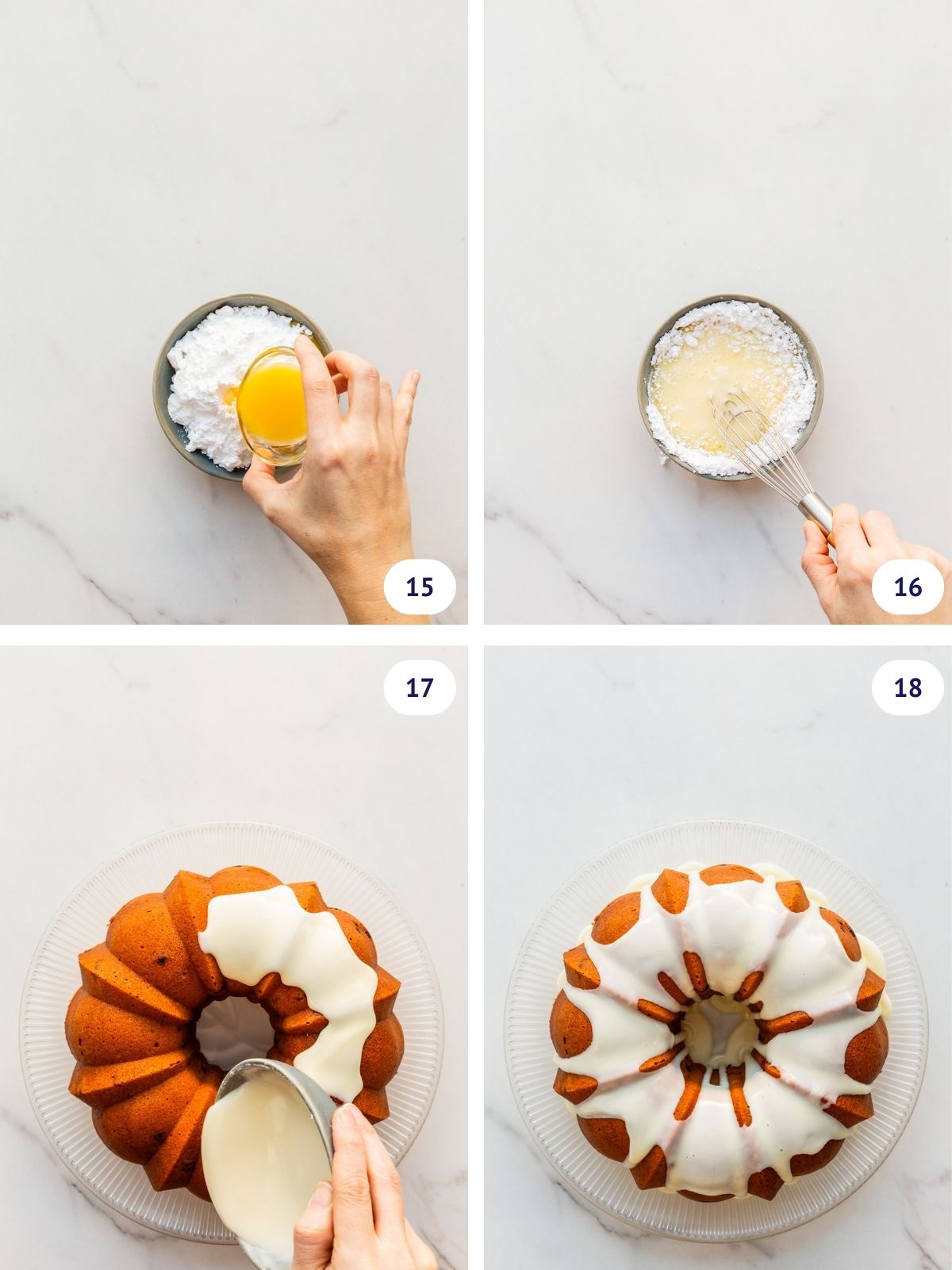 Whisking icing sugar with orange juice to make an icing for a bundt cake.
