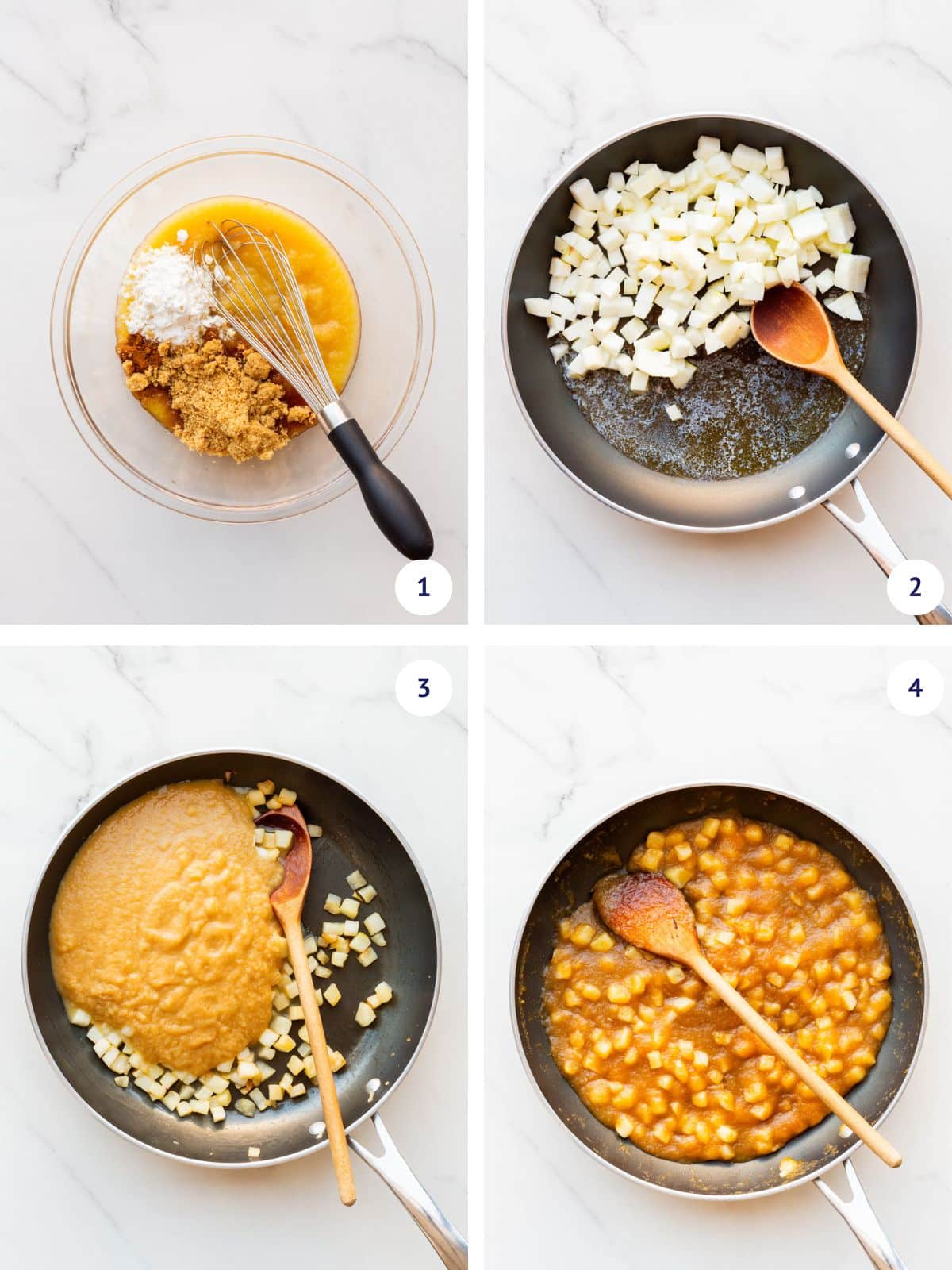 Cooking an apple pie filling for apple crisp bars made from sautéed apples and apple sauce.