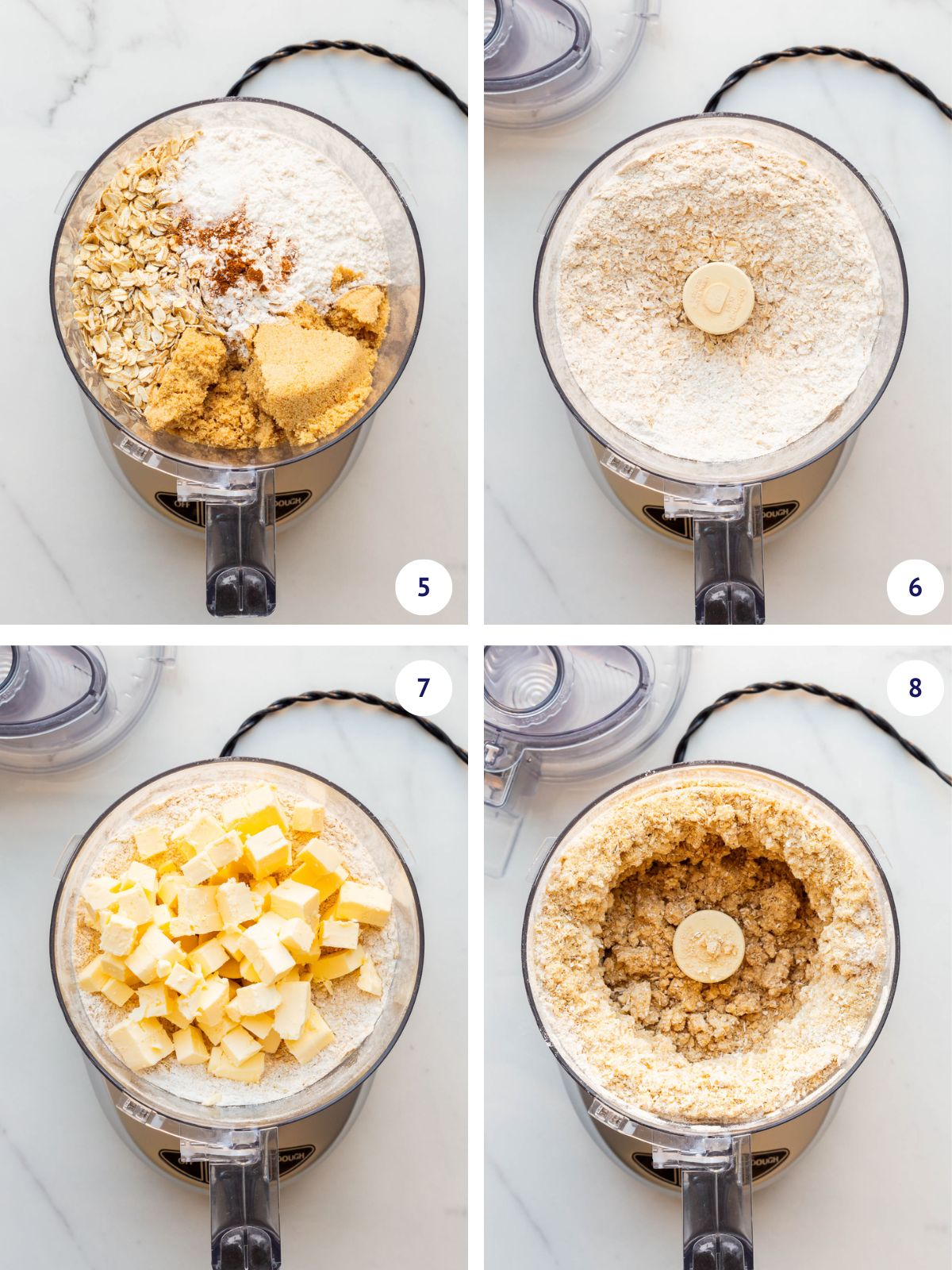 Using a food processor to make an oat crumble that will serve as both the crust and topping for apple crisp bars.