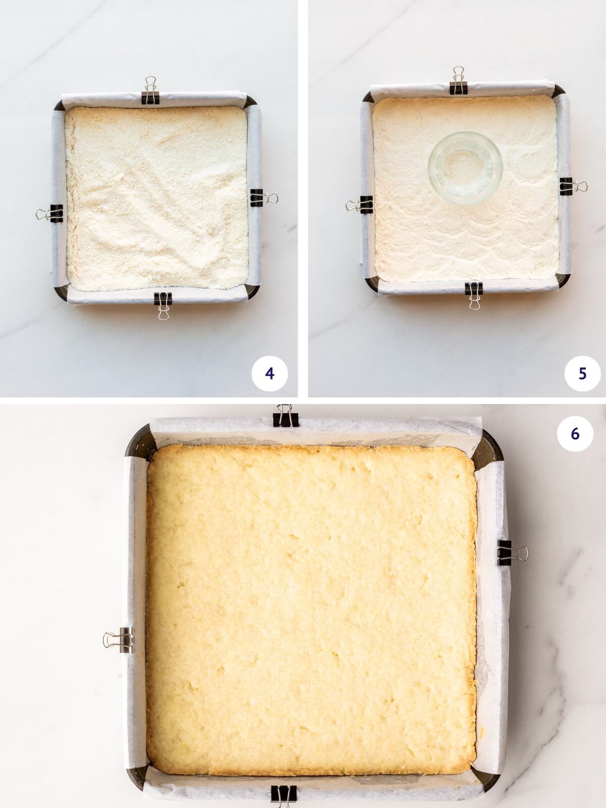 Pressing shortbread cookie dough in a square pan before baking until golden brown to make a crust.