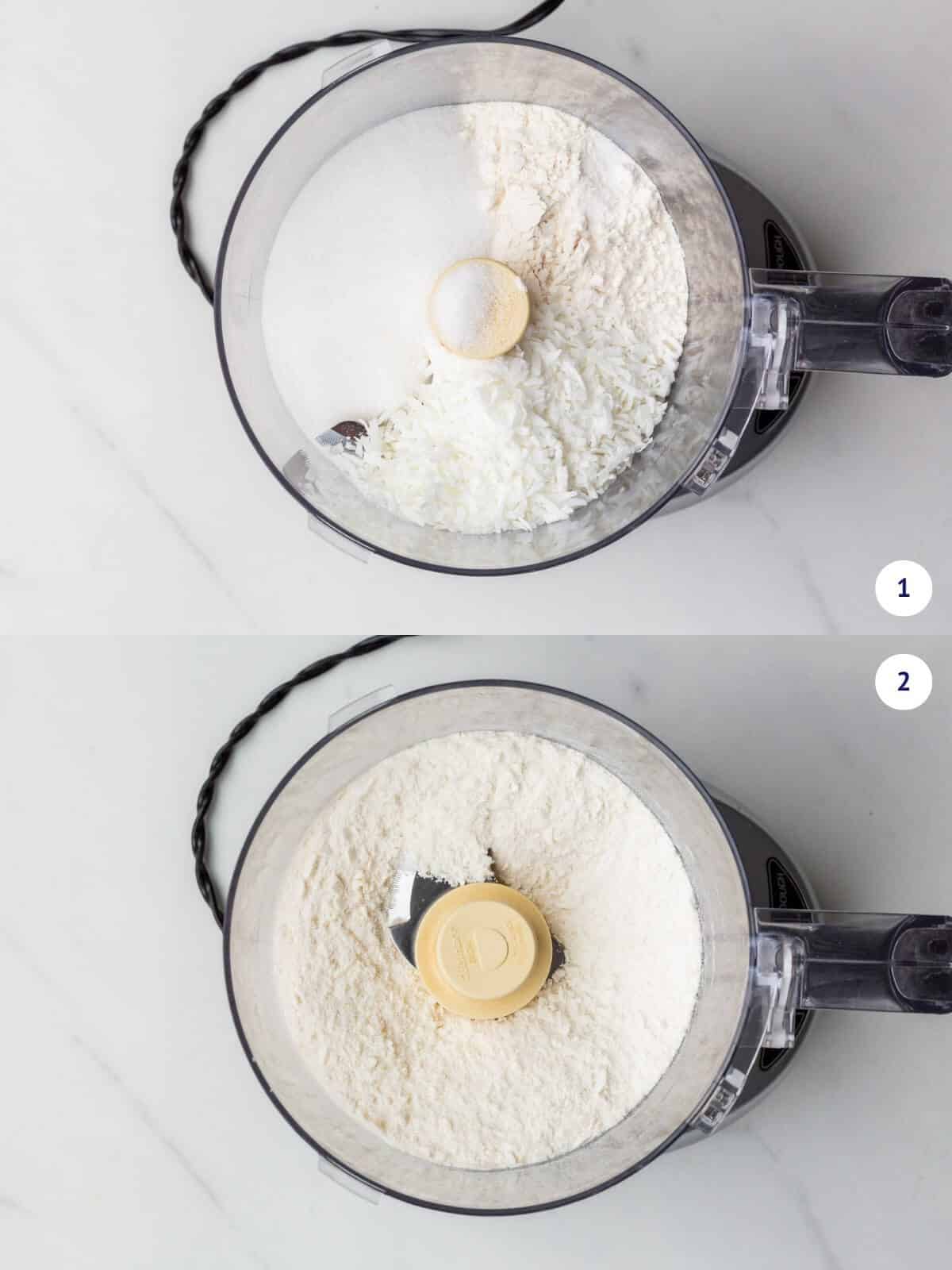 Processing shredded coconut with the other dry ingredients to produce a finer texture for coconut financiers.