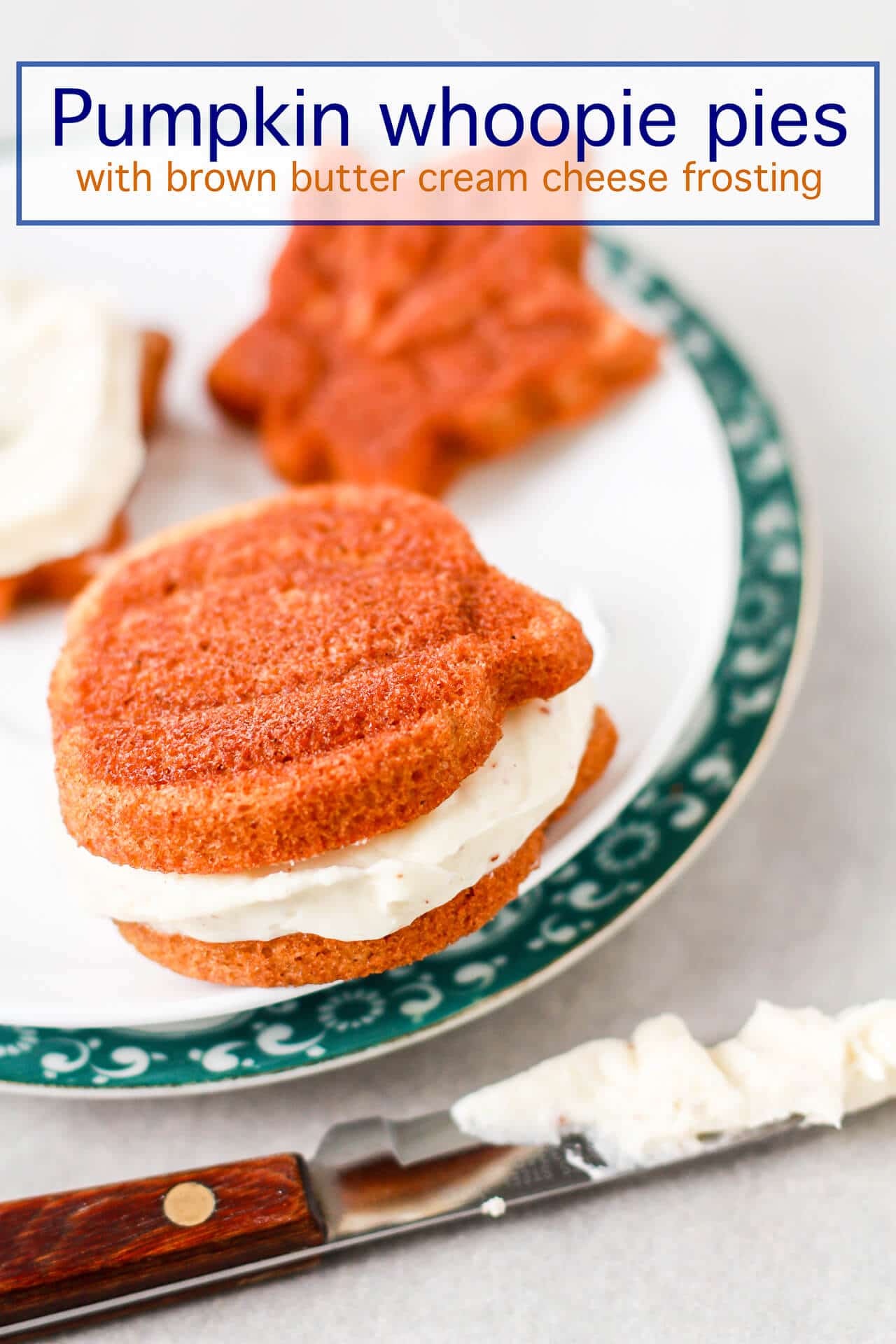 pumpkin whoopie pies with a brown butter cream cheese filling baked in the shape of pumpkins and leaves.