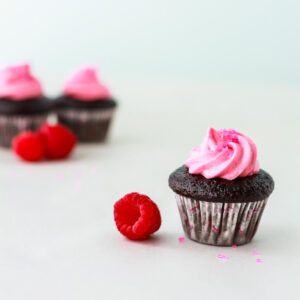 A dark chocolate cupcake with pink frosting swirl.