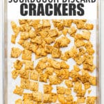 A sheet pan of golden brown baked crackers topped with salt, spices and sesame seeds.