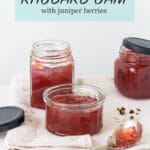 Jars of naturally pink rhubarb jam flavoured with juniper berries