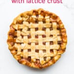 Homemade rhubarb pie with a lattice pie crust and heart cutouts