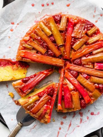 Rhubarb upside down cake sliced to serve it.