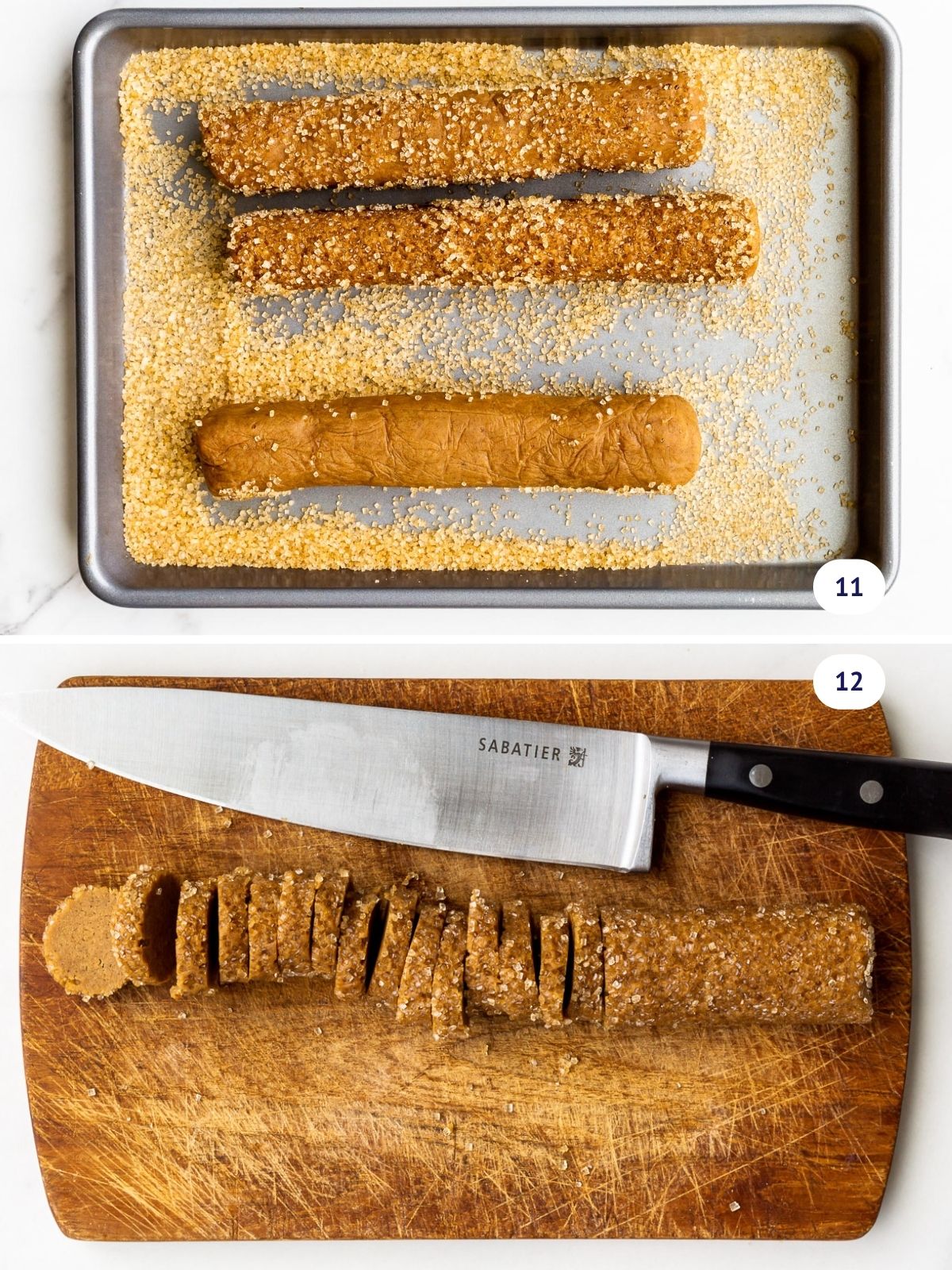 Rolling logs of gingerbread cookie dough in turbinado sugar to coat them, then slicing them into round cookies on a cutting board with a Chef's knife.