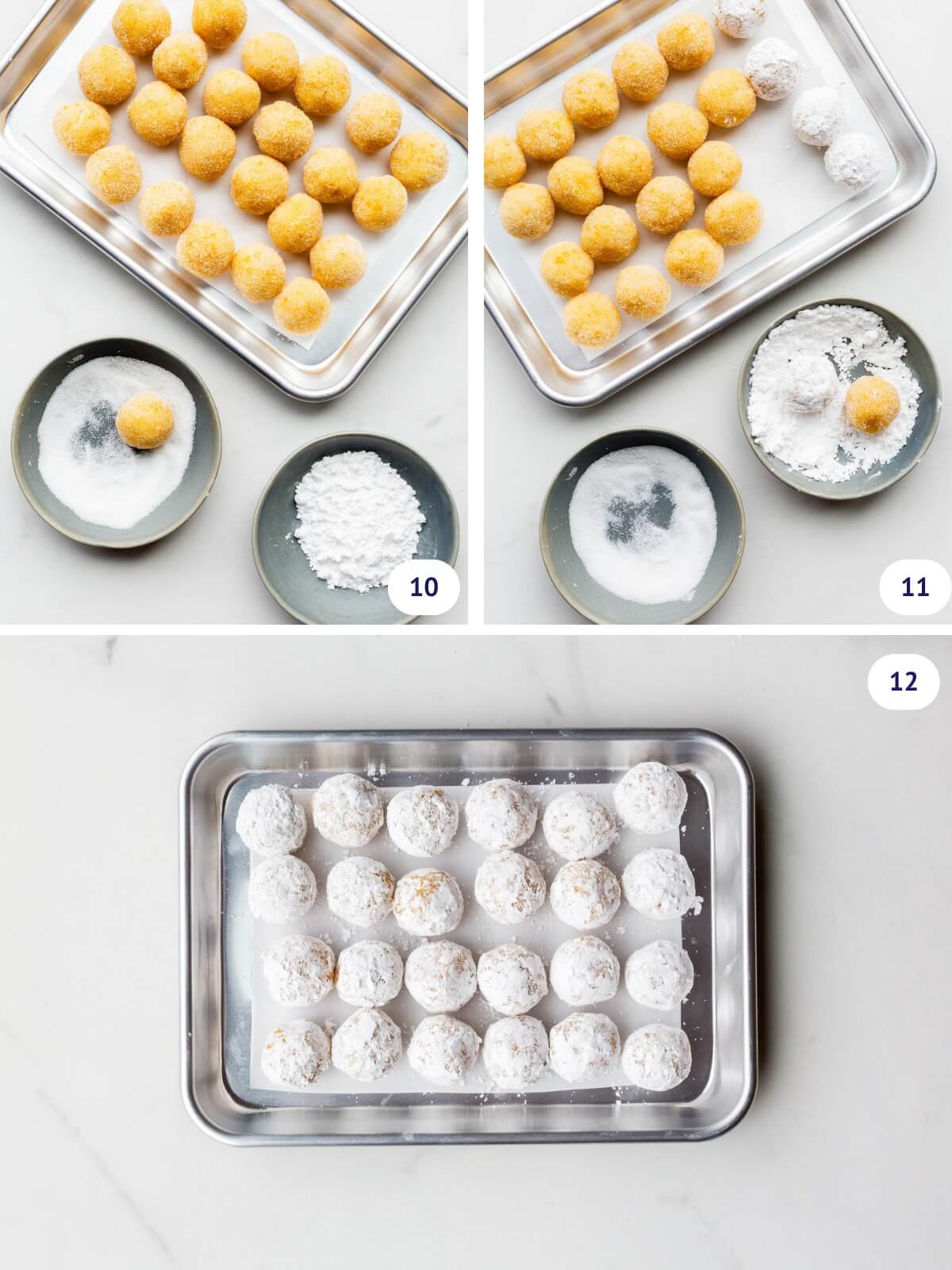 Coating scoops of amaretti cookie dough in granulated sugar, then icing sugar before baking.