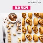 Collage of images depicting shaping rugelach cookies and the golden brown swirled cookies after baking.