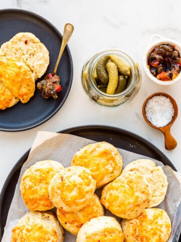 Serving scones with cheese with pickles and spicy jam.