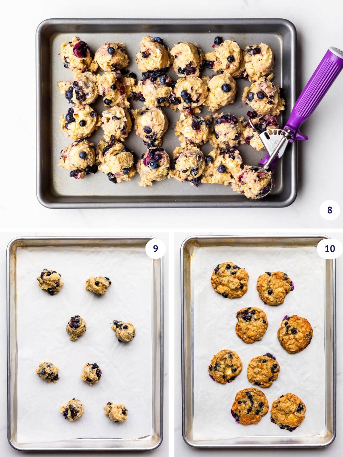 Scooping blueberry oatmeal cookies onto a parchment paper-lined sheet pan before baking until golden brown and set.