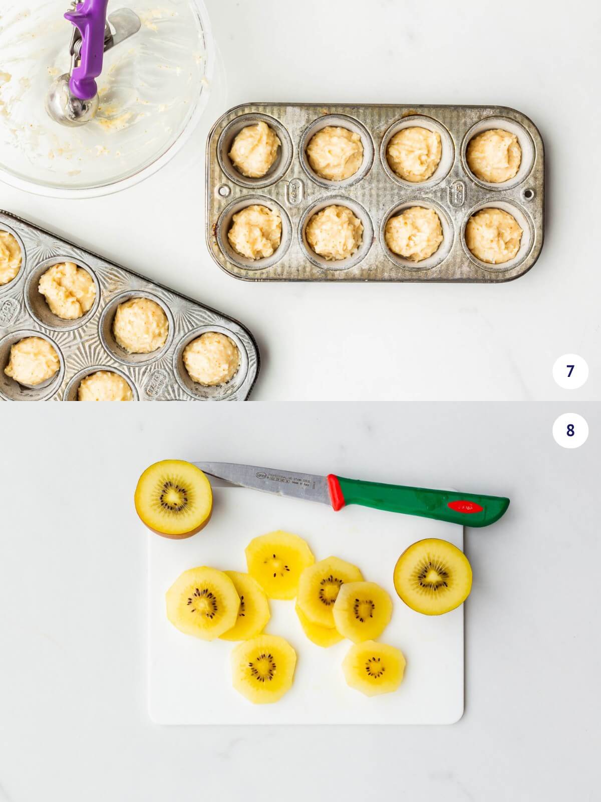 Portioning out coconut financier batter in mini muffin pans and slicing sungold golden kiwis to use as a garnish for the coconut cakes before baking.