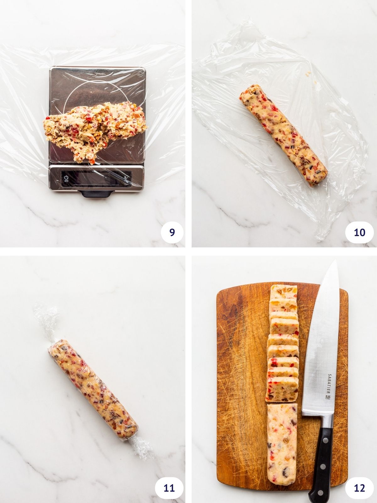 Portioning out fruitcake cookie dough and shaping into a log to chill before slicing and baking.