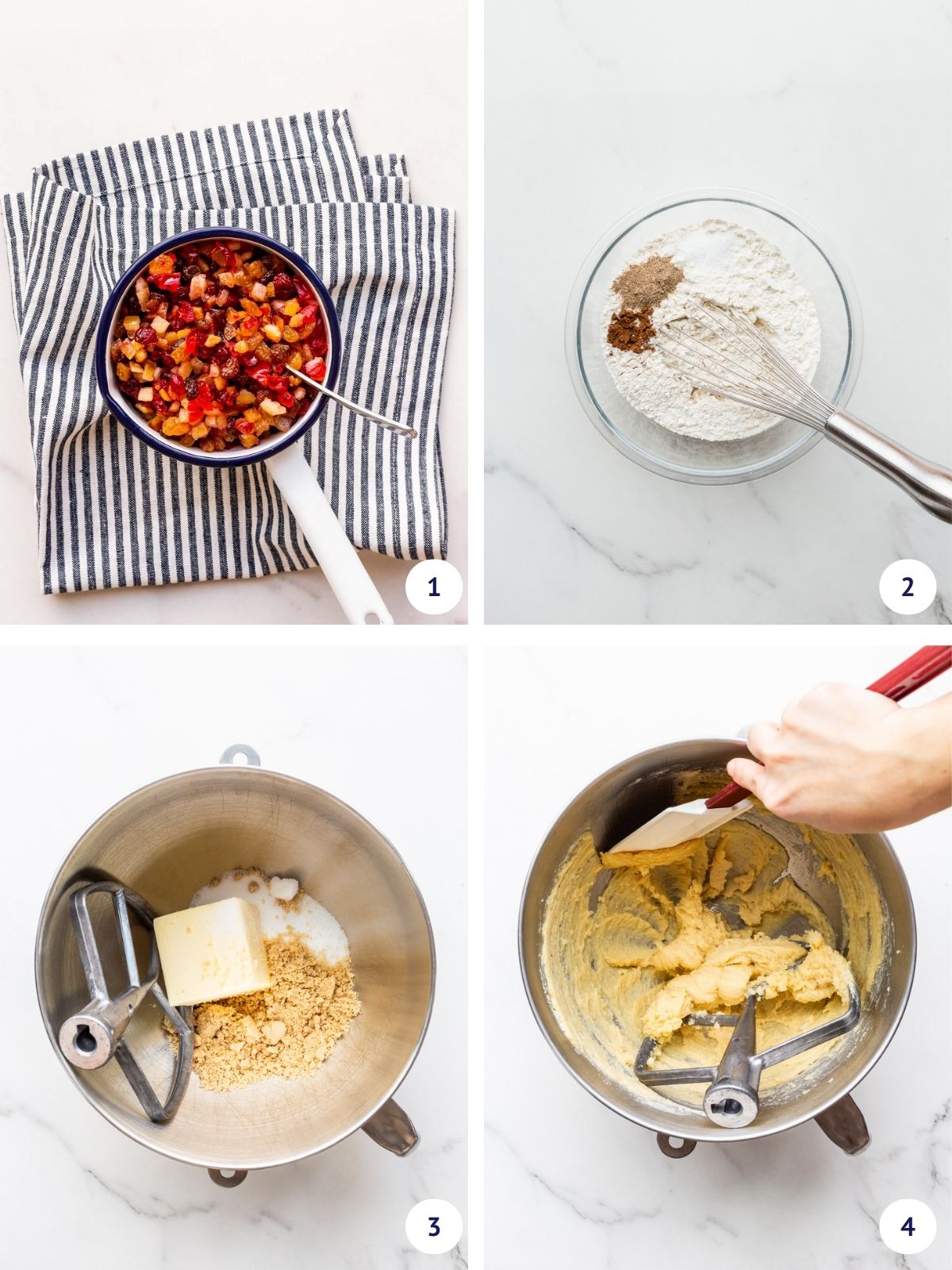 Collage to show soaking candied fruit in rum, whisking dry ingredients, and creaming butter and sugar with a mixer to make fruitcake cookies.