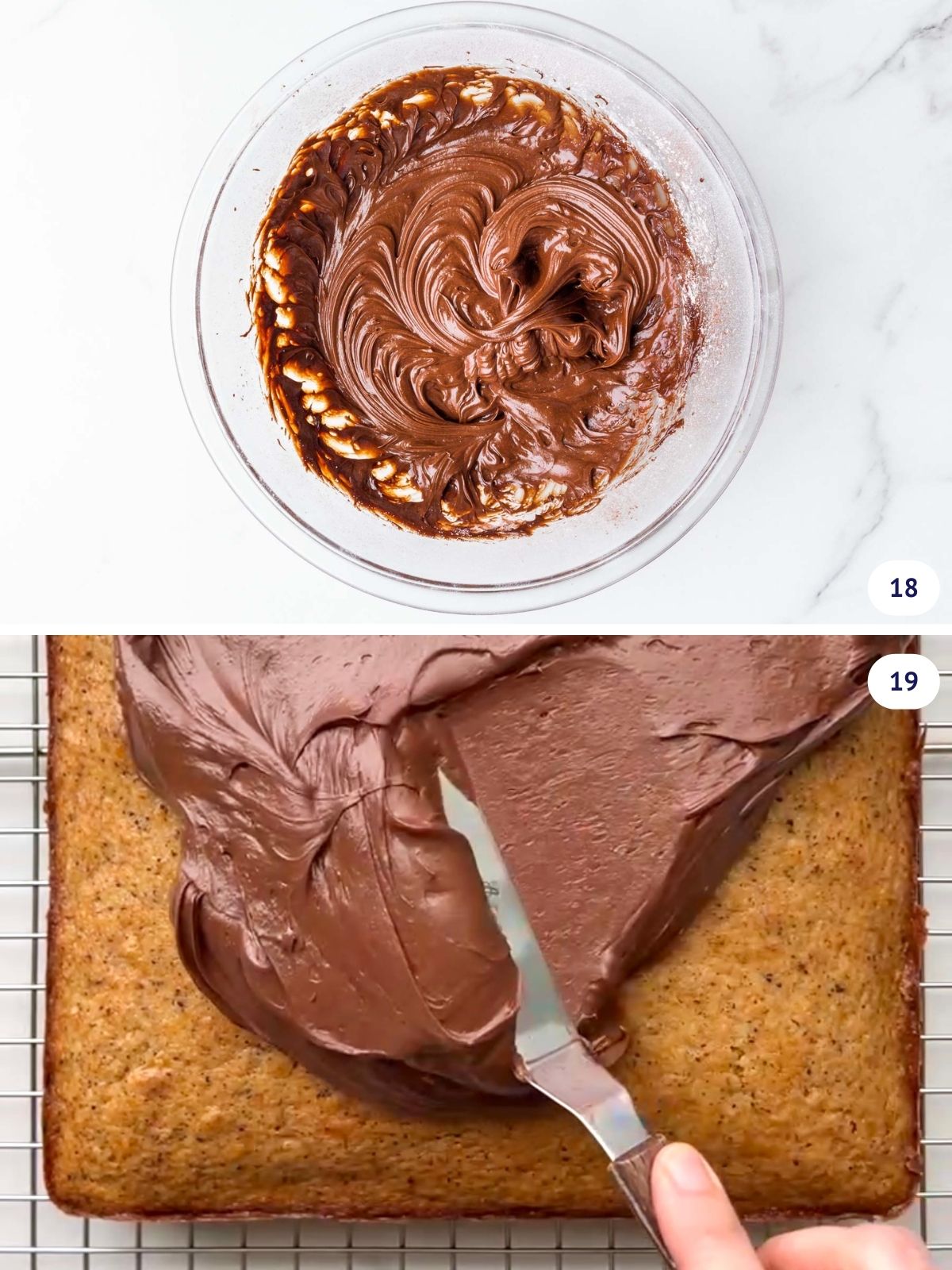 Smoothing chocolate frosting on a square banana cake.