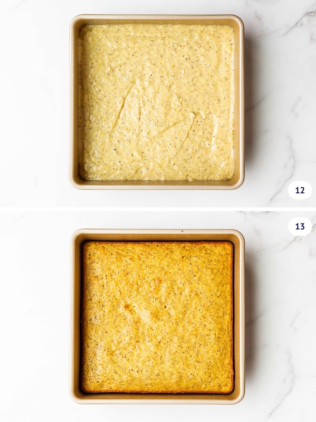 A square banana cake before and after baking.