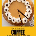 Slicing and serving a coffee cheesecake with whipped cream and chocolate-covered coffee beans.