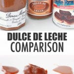 Comparing the texture of three dollops of dulce de leche from three different jars or cans to show the difference in colour and texture of the commercial products.