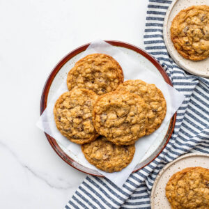 Plates of oatmeal raisin cookies.