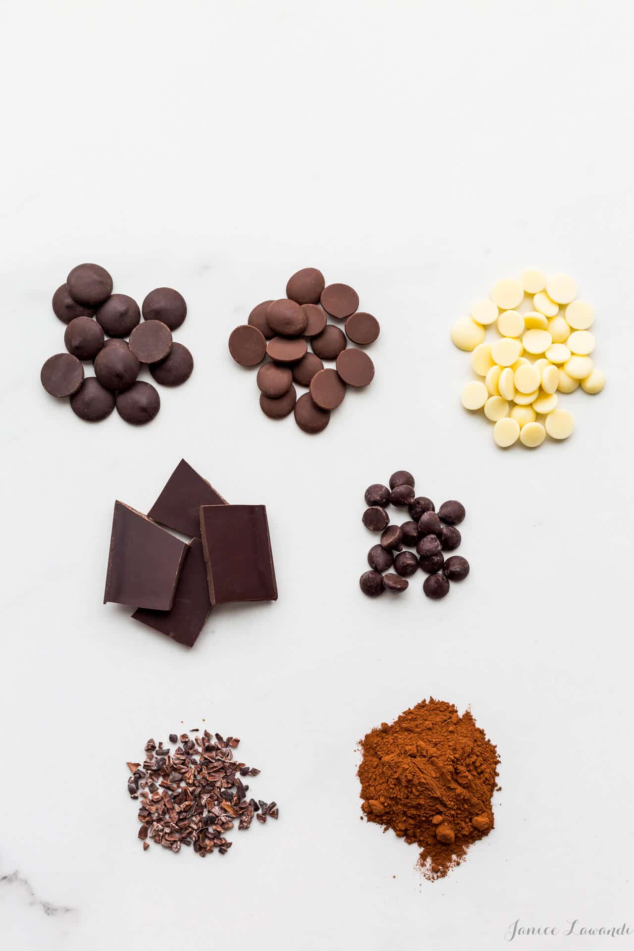The different types of chocolate that you can use for baking, dark chocolate, milk chocolate, white chocolate, chocolate bars, chocolate chips, cocoa nibs, and cocoa powder
